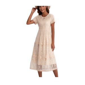 Lace Short Sleeve Round Neck Midi Dress With Zipper Back  Size small